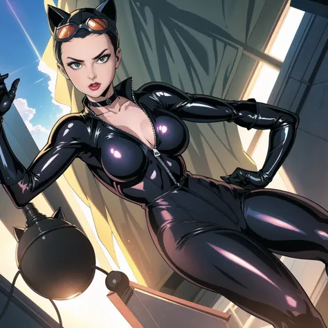 masterpiece, best quality, DC_catwoman_comic_cleavage, www.ownwaifu.com, breasts, large breasts,lips, makeup, black hair,short hair, lipstick, green eyes,collarbone, bodysuit, cleavage, goggles, goggles on head, cat ears, animal ears, eyewear on head, blac...