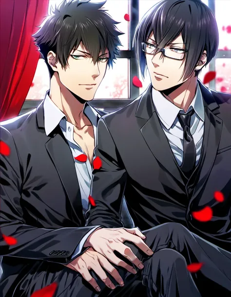 Ultra detailed, highres, absurdres, HDR, Kougami shinya, black hair, silver eyes, Ginoza Nobuchika, black hair, green eyes, glasses, Psycho-Pass, handsome, window, red petals, red curtains, black jacket, black pants, 2 men together, gay couple