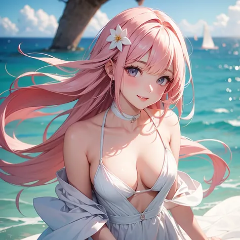 white、Ocean、droopy eyes、顔にpink eyes玉、smile、23 year old female、medium breasts、woman wearing one piece、long hair girl、((Girl with long pink hair))、Girl with bangs、detailed face、cute face、((best image quality))、mole、bouquet、bride、Mermaid Dress.blonde、pink eye...