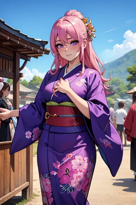 A pink haired woman with violet eyes and an hourglass figure in a traditional kimono is blushing in a festival
