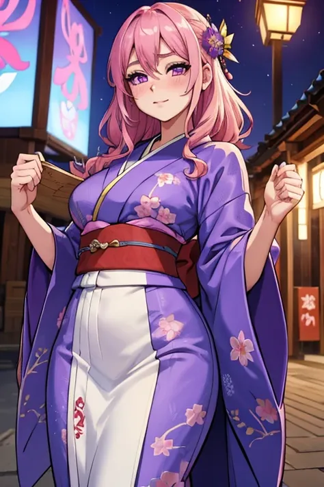 A pink haired woman with violet eyes and an hourglass figure in a traditional kimono is blushing in a festival
