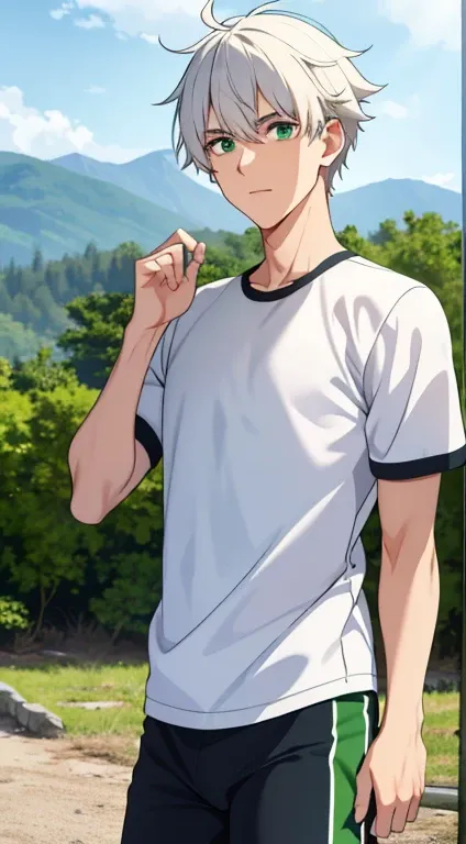 A male student with white hair and green eyes  in gym clothes in the wilderness on an island