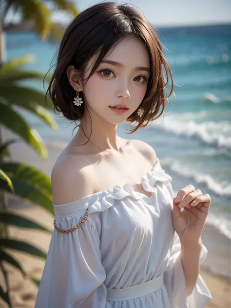 A portrait of a young Japanese woman standing on a sandy beach. She is wearing a white off-shoulder blouse, her hair is shoulder-length and ash brown. The background features a serene beach scene. Her facial expression and eyes are rendered with incredible...