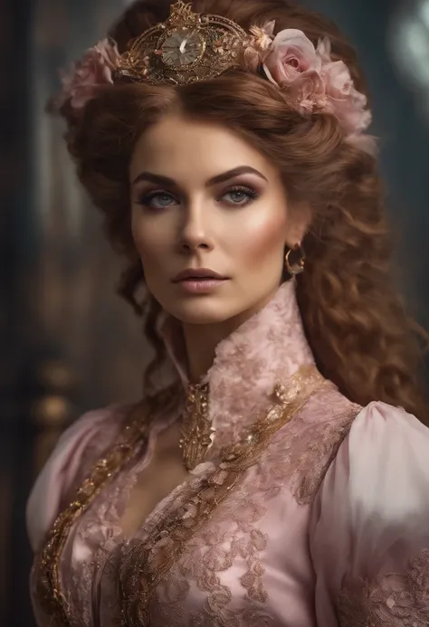 Melhor qualidade, obra de arte, tronco, mulher, cabelo loiro soprado pelo vento, olhos brilhantes, estilo nu steampunk, roupas finas, roupas rosa, cabelo rosa