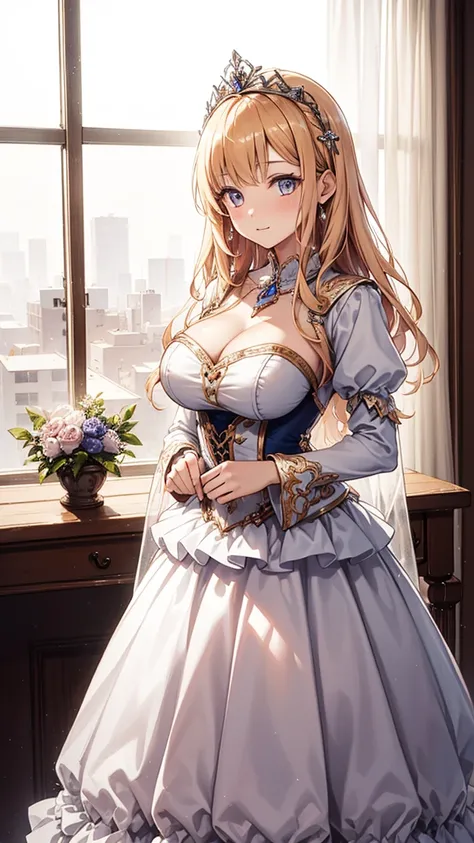 18 year old girl，obsessed，in love，pose，(fluffy big skirt princess:1.2)，dark blonde wavy hair，eBlue eye minimalist，Ruffles，lace，(Exquisite pattern:1.1)，(dress nicely:1.1)，(yellowish white tone)，princess crown，Transparent clothes beautiful and delicate face，...