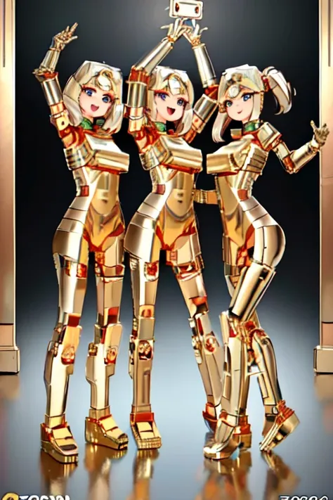 three gold lightans, robot, everyone has a different body shape and height, all beautiful and cute human girl faces,
 (highest q...