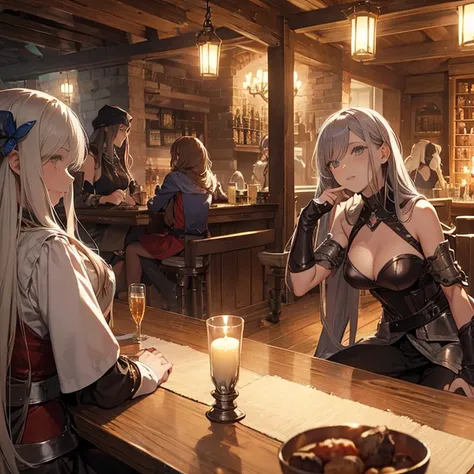 A group of  female medieval fantasy adventurers, (in tavern), various hair styles, harem, night, details face, seducing, sleeveless, armor 