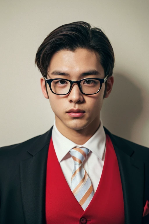 ((highest quality)), ((masterpiece)), (be familiar with), One perfect face, Korean，
When I was 25,male，Please wear a red shirt, 
Sharp look，serious，cool，Handsome guy，frontを向いている，front，single eyelid，very handsome，Too cool，Please wear glasses. Soft lighting....