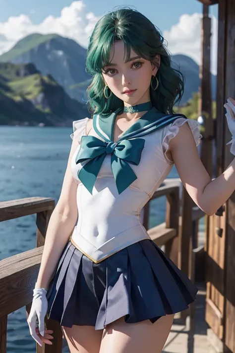 close up， 1 girl， sailor neptune， （sailor senshi：1.2）， （aqua eyes：0.9）， dark green hair， medium hair， Wedge skirt， best quality， earrings， masterpiece， high resolution， intricate details， （Reality）， photography， （white elbow gloves：1.1）， jewelry， medium br...