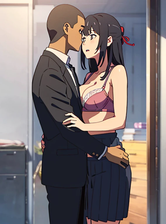 shinkai makoto, kimi no na wa., 1boy, buzzcut,office suit, boy caressing girls body, kiss cheeks, passionate hug, boy is hugging from behind, breast groping from behind, 1girl, bangs, black hair, open mouth, brown eyes, Twisted Half Up, red ribbon, long ha...