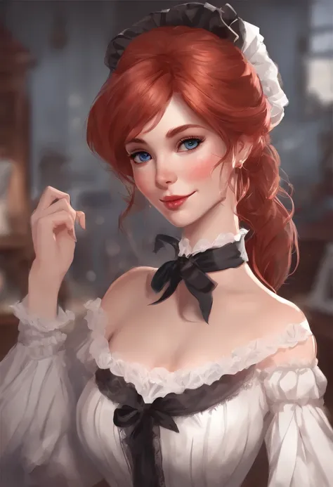 A pretty maid. best quality, masterpiece, red hair, sky blue eyes, wearing a steriotypical French maid outfit, (headdress、white blouse、black ribbon、White Apron、ruffle skirt、puff sleeves、collar、choker、apron with fine ruffles：1.3)、black maid costume). lookin...