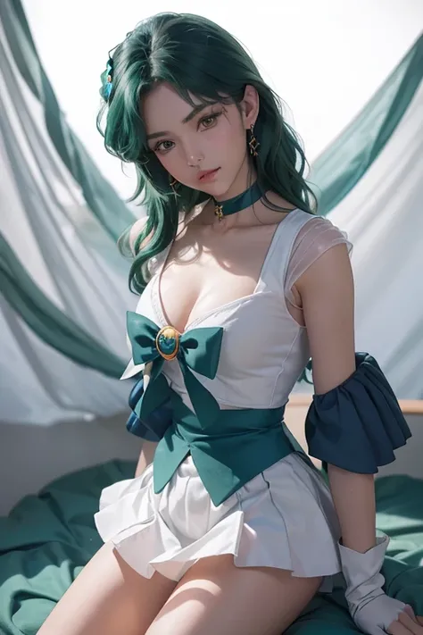 close up， 1 girl， sailor neptune， （sailor senshi：1.2）， （aqua eyes：0.9）， dark green hair， medium hair， Wedge skirt， best quality， earrings， masterpiece， high resolution， intricate details， （Reality）， photography， （white elbow gloves：1.1）， jewelry， medium br...