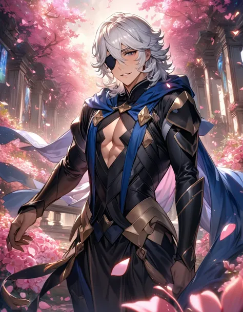 absurdres, highres, ultra detailed, HDR, master piece, best quality, Niles, white hair, expressive dark blue eyes, black eye patch, Fire Emblem Fates, 1man, extremely handsome, blue cape, black clothes, pink petals, pink butterflies, pink flowers, pink tre...