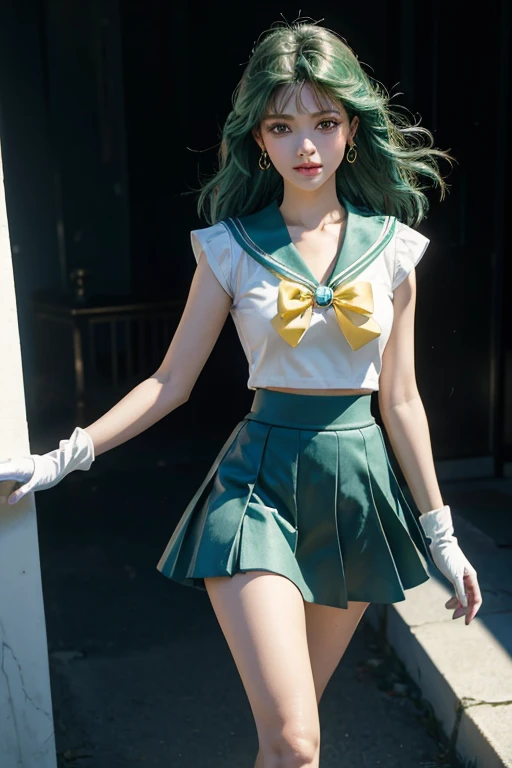 close up， 1 girl， sailor neptune， （sailor senshi：1.2）， （aqua eyes：0.9）， dark green hair， medium hair， Wedge skirt， best quality， earrings， masterpiece， high resolution， intricate details， （Reality）， photography， （white elbow gloves：1.1）， jewelry， medium br...