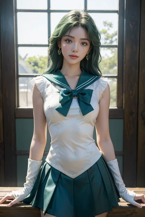 close up， 1 girl， sailor neptune， （sailor senshi：1.2）， （aqua eyes：0.9）， dark green hair， medium hair， Wedge skirt， best quality， earrings， masterpiece， high resolution， intricate details， （Reality）， photography， （white elbow gloves：1.1）， jewelry， medium br...