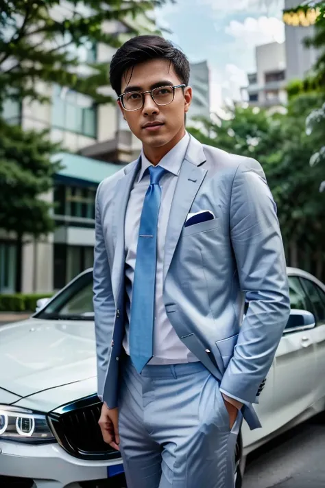 (One wears silver-white titanium alloy thin-rimmed glasses、Wearing a full light blue striped suit、White shirt、Tie、About 25 years old、Japanese men with a height of 180 cm)、best quality、masterpiece、ultra high resolution、(Photo realism:1.4)、original photo、(戶外...