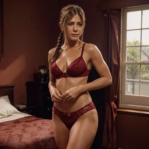 Jennifer Aniston with pigtail hair wearing a dark red lace bra and thong