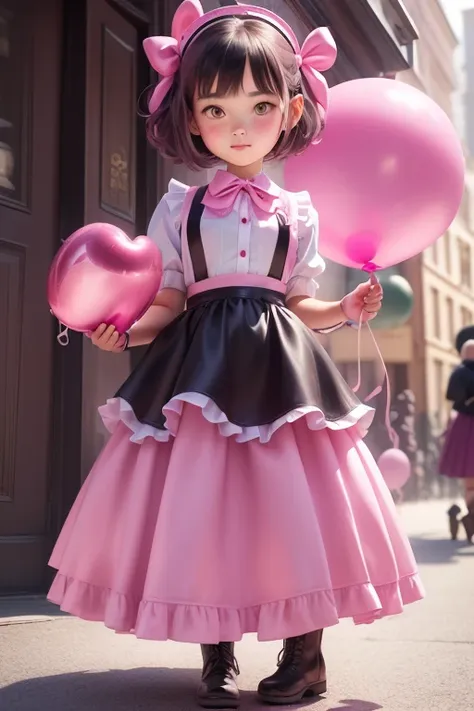 balloon seller girl, a 12 years old girls, (((she is having a pink balloon))) , real photo, (((full body))), (looking down at me...