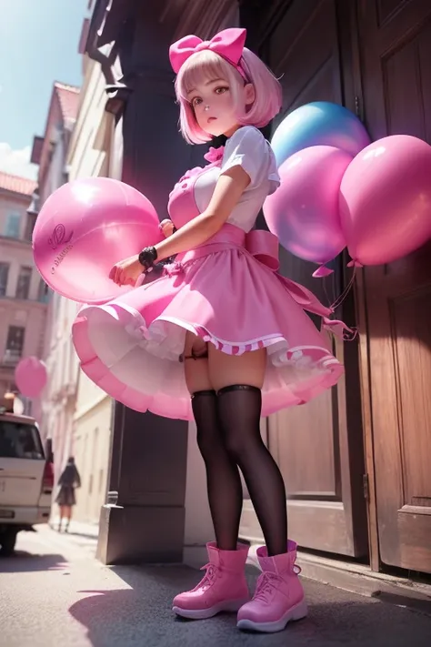 balloon seller girl, a 14 years old girls, (((she is having a pink balloon))) , real photo, (((full body))), (looking down at me),  bob hair, big ribbon on he hair, (apron, leather long skirt, boots), 