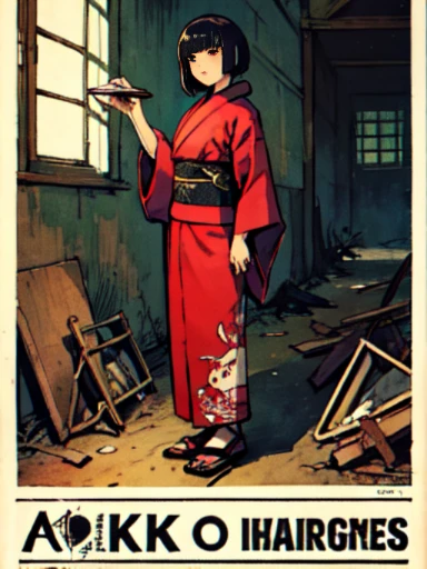 ((A girl with a bob haircut in a red kimono))、((ruins)), ((punk band poster)),cartoon style, Horror elements, Comic book style illustrations, (drawing style), full body (Spooky), Japanese carving, primitive art, circus, crazy illustration, flat illustratio...