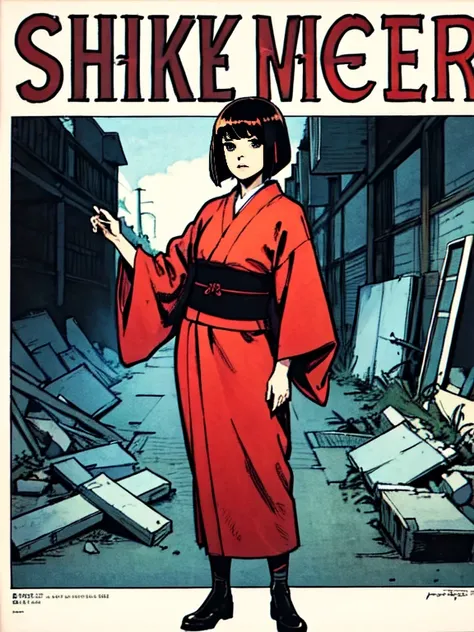 ((a girl with a bob haircut in a red kimono))、((ruins)), ((punk band poster)),cartoon style, horror elements, comic book style i...