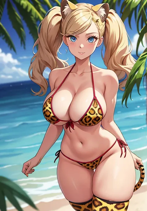 dspanther, blonde hair, long hair, twintails, swept bangs, blue eyes, leopard pattern bikini, micro bikini, sling bikini, cleavage, c cat ears, cat tail, 1girl, solo, looking at viewer, standing, takamaki anne, natural breasts, huge breasts, huge ass, huge...