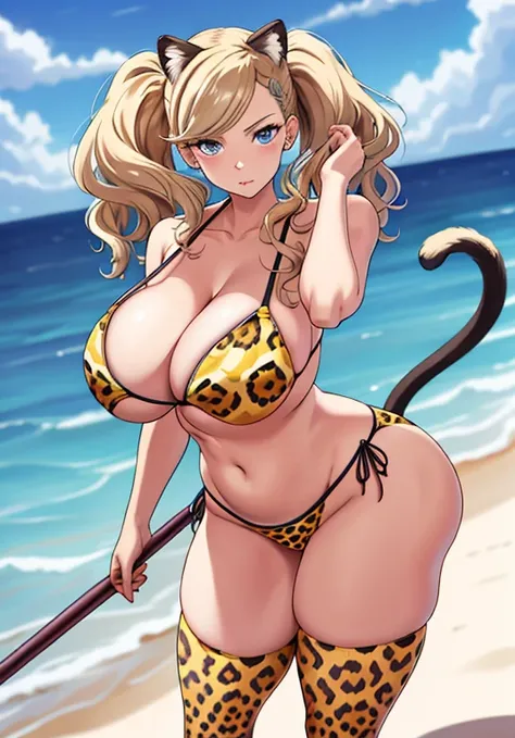 dspanther, blonde hair, long hair, twintails, swept bangs, blue eyes, leopard pattern bikini, micro bikini, sling bikini, cleavage, c cat ears, cat tail, 1girl, solo, looking at viewer, standing, takamaki anne, natural breasts, huge breasts, huge ass, huge...