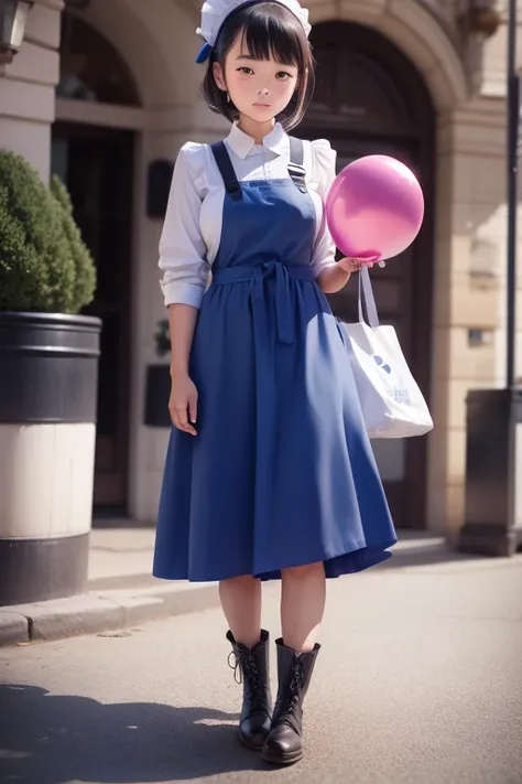 balloon seller girl, a 14 years old girls, (((she is having a blue balloon))) , real photo, (((full body))), (looking down at me),  bob hair, big ribbon on he hair, (apron, leather long skirt, boots), 