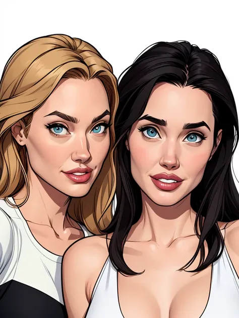 Yvonne Strahovski and Angelina Jolie and Jennifer Connelly on a white background Cartoon style digital illustration are girlfriends 