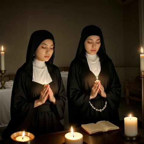 best quality,ultra-detailed,realistic:1.37,Nun,religious,gentle expression,pious,black robe,rosary beads,candle light,sacred,peaceful,tranquil,divine inspiration,soft lighting,quiet meditation,holy,faith,devotion,serene environment,soothing atmosphere,spir...