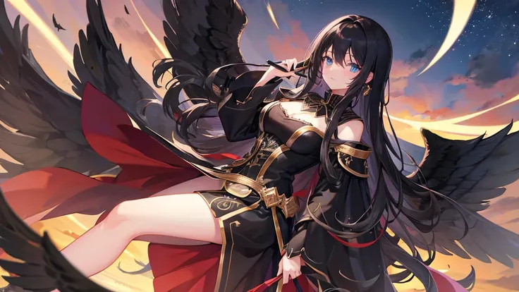 beutiful girl, black long hair, black royal clothes, big black wings, black phoenix, 8k resolution, night sky