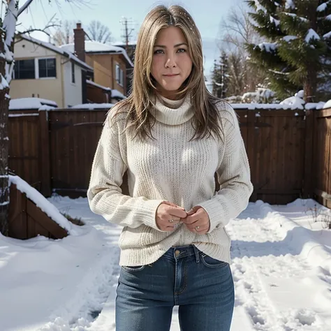 Jennifer Aniston in the snow wearing a sweater and jeans