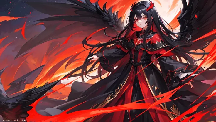 beutiful girl, black long hair, red eyes, black and red royal clothes, big black wings, black phoenix, 8k resolution, night sky