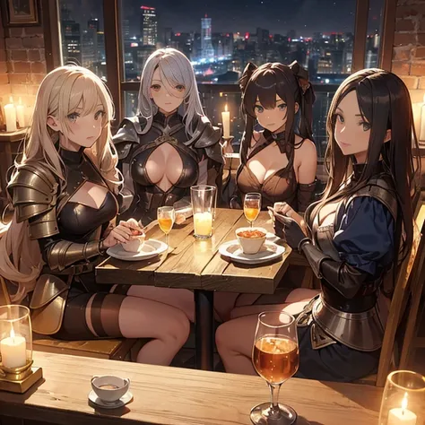 A group of  female medieval fantasy adventurers, (in tavern), various hair styles, harem, night, details face, seducing, sleeveless, armor 