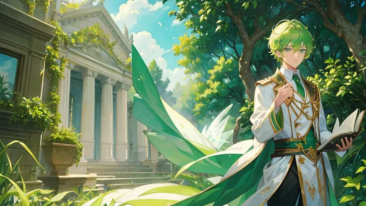 handsome boy, green hair, plants on his head, green eyes, white royal clothes, emerald necklace, white fairy wings, book in his hand, 8k resolution, sky