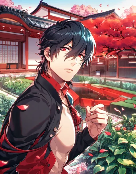 absurdres, highres, ultra detailed, HDR, masterpiece, Koujaku, black hair, expressive red eyes, Dramatical Murder, 1man, handsome, petals, garden