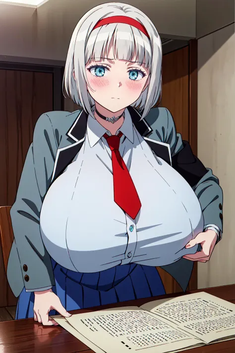 (masterpiece, best quality, ultra-detailed), AnnaNishikinomiya, white hair, aqua eyes, short hair, hairband, choker, large breasts, , grey jacket, white shirt, red necktie, blue skirt, jacket close, large skirt, gigantic breasts