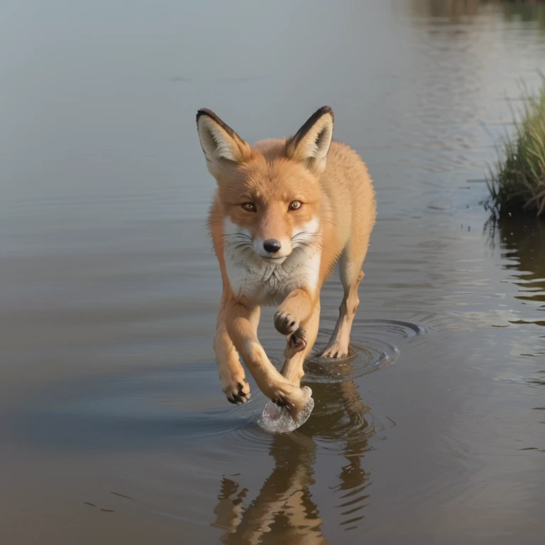 A fox running along the edge of a lake, where the fox is running, there is a sea and a straw