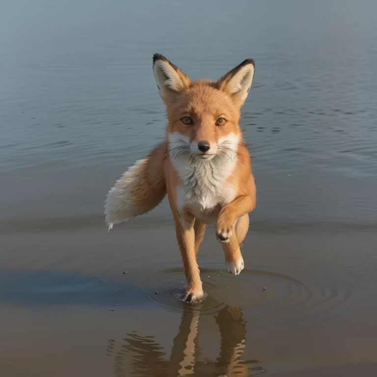 A fox running along the edge of a lake, where the fox is running, there is a sea and a straw