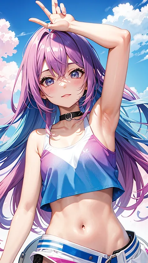 Livestreaming, pink and blue gradient hair, show 2 armpit, 