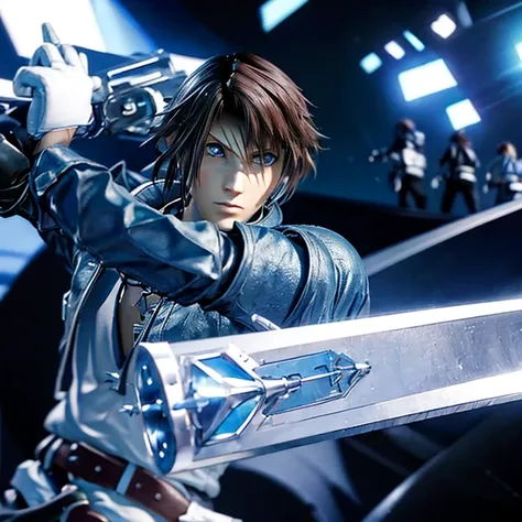 squall leonhart, combat position, magic blue lights around him, collapsing stage, mirada seria.