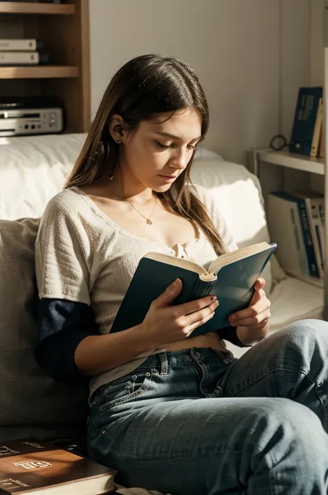 Person reading a book and listening to music 