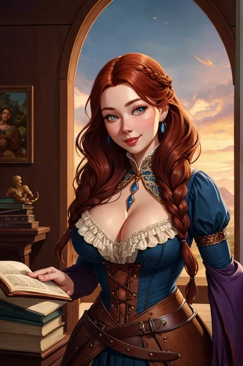 Beautiful Woman, Old West School Teacher, Full Lips, Auburn Hair Intricately But Loosely Braided. Deep_cleavage, Massive Chest. Detailed Beautiful Eyes, Pencil-Thin Waist, Wide Hips. Historically Accurate 1870s Old-West Frontier Dress. With Books. Gorgeous...