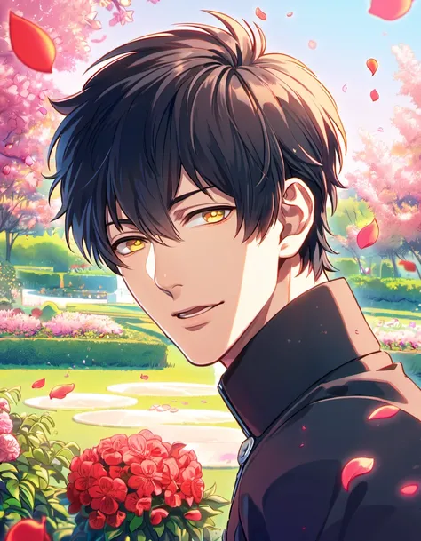 absurdres, highres, ultra detailed, HDR, masterpiece, Ren, black hair, expressive golden eyes, Dramatical Murder, 1man, handsome, petals, garden