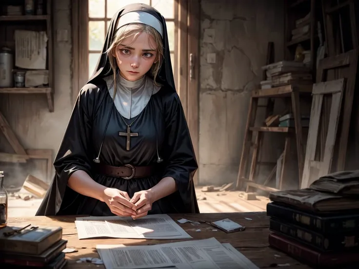 A young nun providing first aid to injured people at a disaster site, oil painting, detailed faces and expressions, vibrant colors, bright sunlight, realistic textures, intense emotions, focused and serious expression, flowing nuns robes, rustic background...