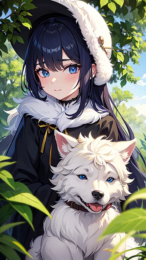 A dog from the Husky breed, distinguished by its bright white fur and beautiful blue eyes