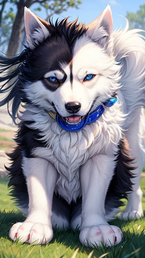 A dog from the Husky breed, distinguished by its bright white fur and beautiful blue eyes