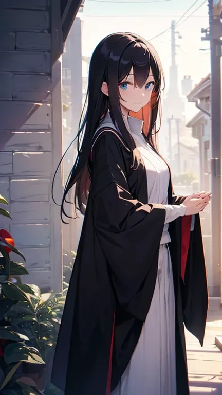 (best quality, 8k, highres, masterpiece:1.2), ultra-detailed, gentle, cool, female grim reaper, observes, calm demeanor, wearing, serene smile, presence brings, deep understanding, death, kindness, compassion