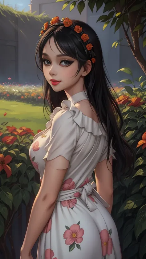 Adorable, mature Woman,detailed big-eyed woman, round face. promenent red lips. Smileing,In the garden, large ass, wearing a cute floral sun dress. flower crown, Flower belt draped around waist. Picture from the side,looking at the scenes, intense colors, ...