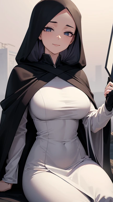 (best quality, 8k, highres, masterpiece:1.2), ultra-detailed, gentle, cool, female grim reaper, observes, calm demeanor, wearing, serene smile, presence brings, deep understanding, death, kindness, compassion